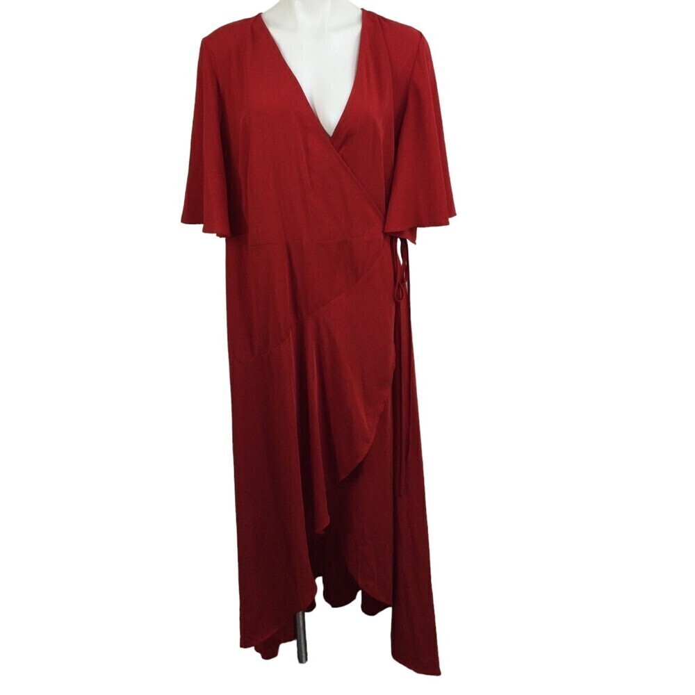 ELOQUII Womens Wrap Dress Tie Short Sleeve Midi Dress Red Size 18